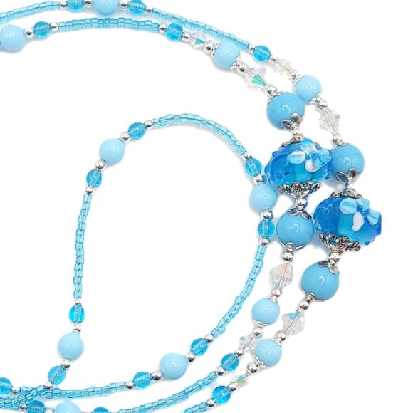 Beading Artistry Accessories - Turquoise Blue Flowers, Beaded Lanyard for Women, Badge, ID Holder, Keychain